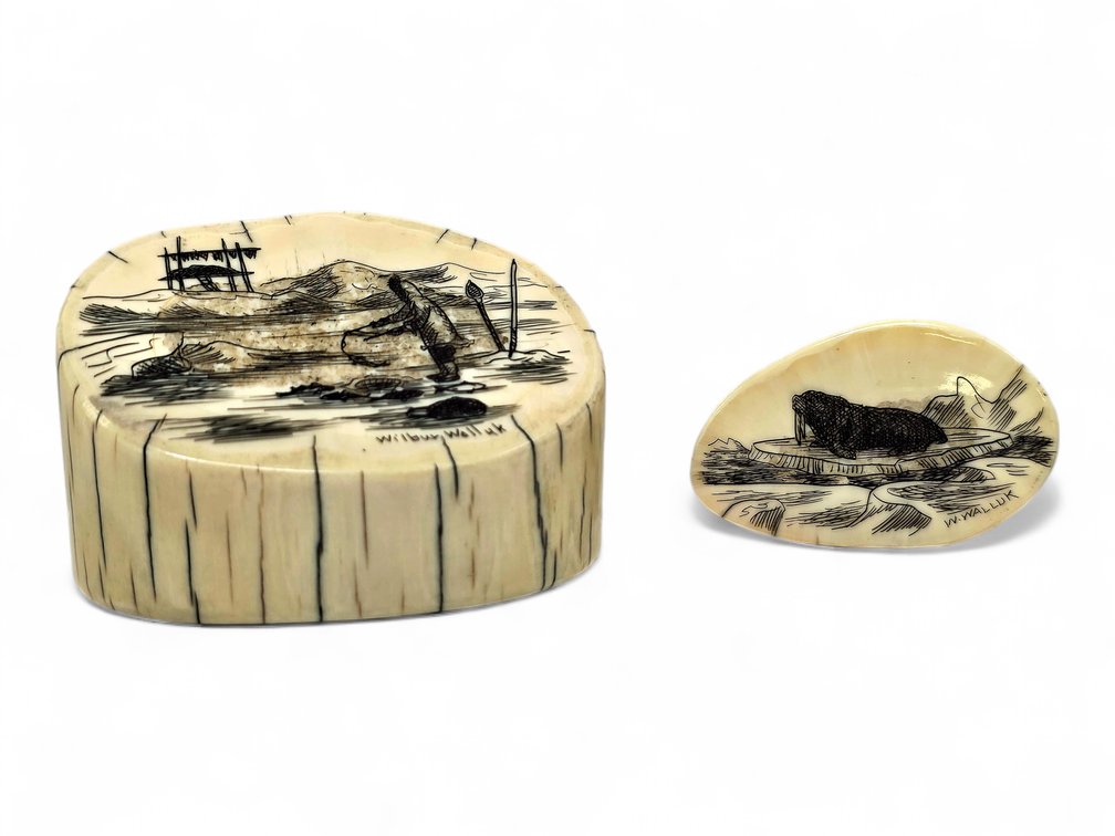 Wilbur Walluk Signed Walrus Ivory Scrimshaw: Ice Fisher & Walrus on Ice