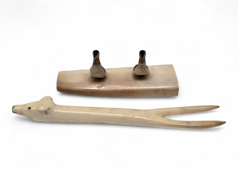 Logan Annogiyuk “Two Akfasuks” Walrus Ivory Birds & Polar Bear-Head Fork