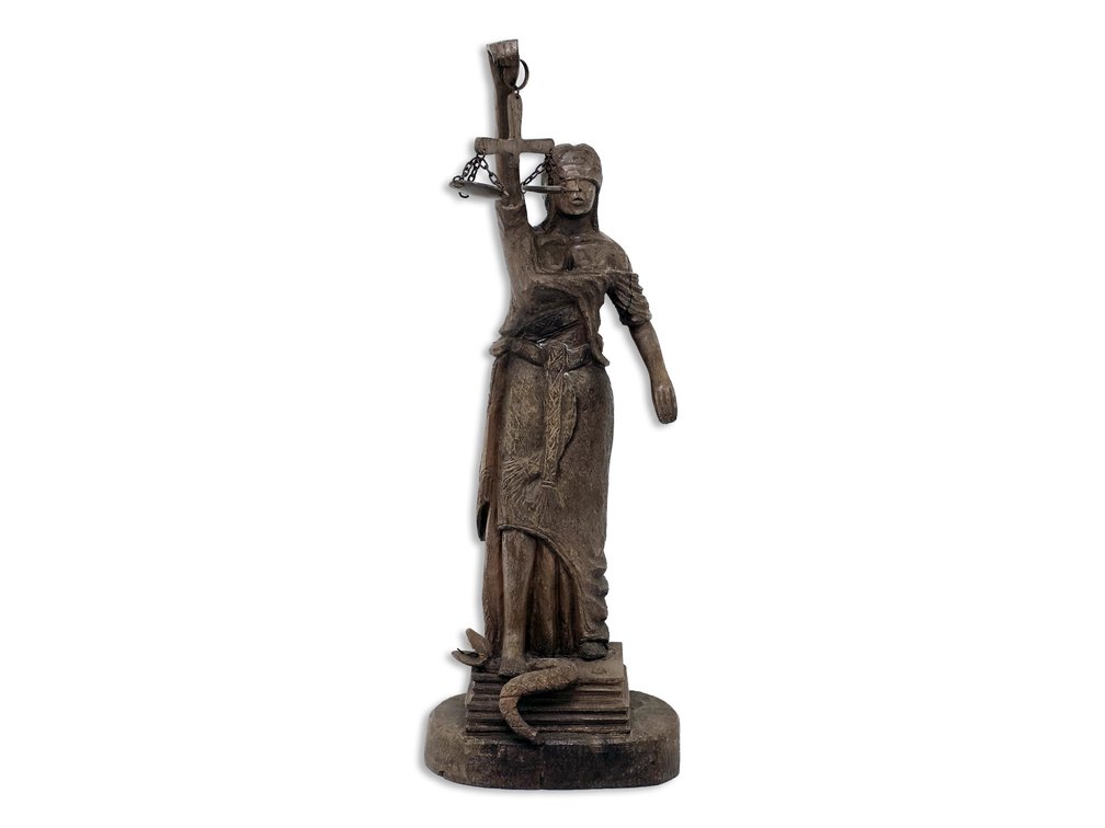 Carved Wooden Lady Justice with Blindfold, Scales & Snake, 22 Inches Tall