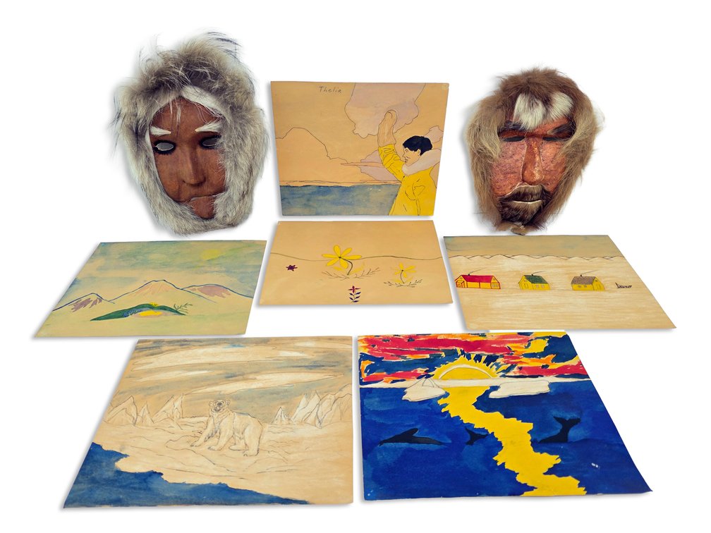 Alaska Native Caribou-Hide Masks & Six Ink-and-Watercolor Drawings