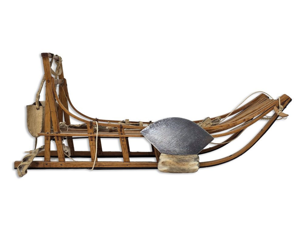 16-Inch Model Dog Sled with Miniature Leather Bag & Bone-Handled Ulu