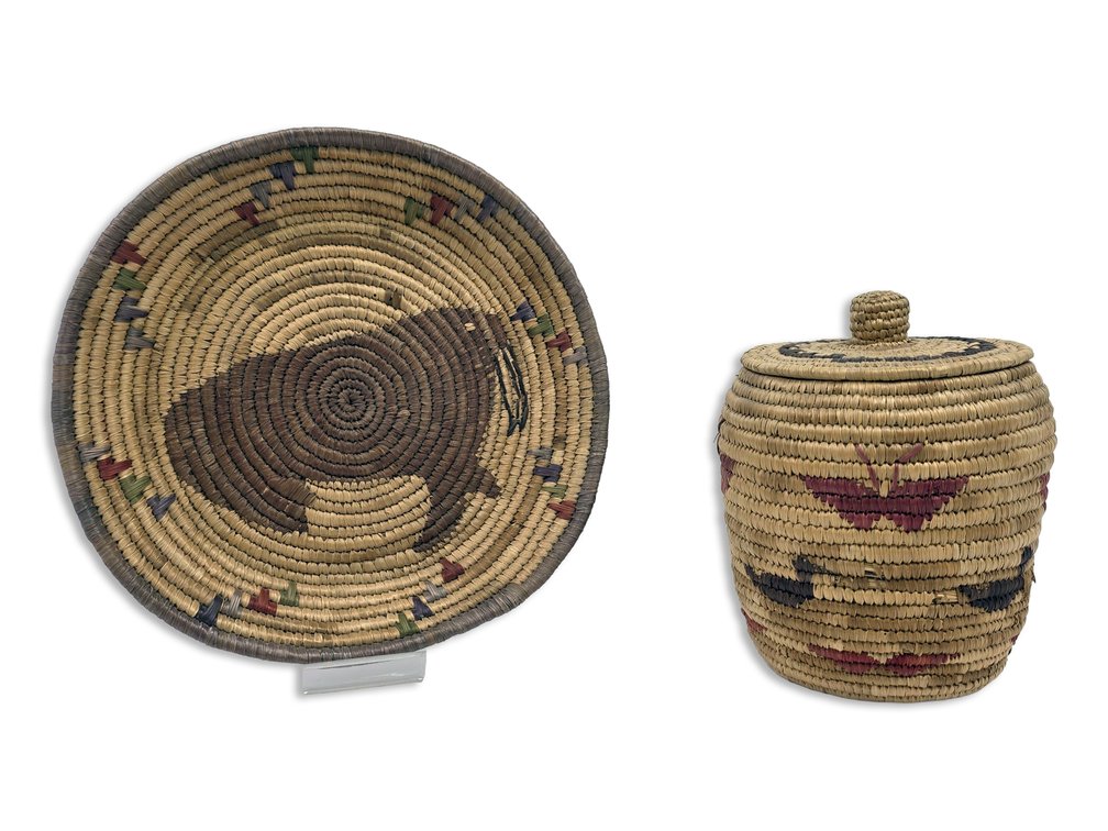 Yup’ik Coiled-Grass Basket & Bowl with Walrus, Moth & Duck Designs