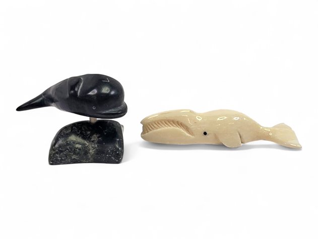 Harry Koozaata & Canada-Made Whale Sculptures w/ Walrus Ivory & Black Stone