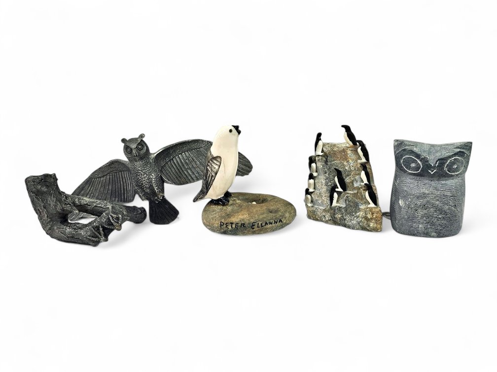 Peter Ellanna, D. Mayac & Tetpon Sr. Bird Carvings with Heritage Pewter Owl