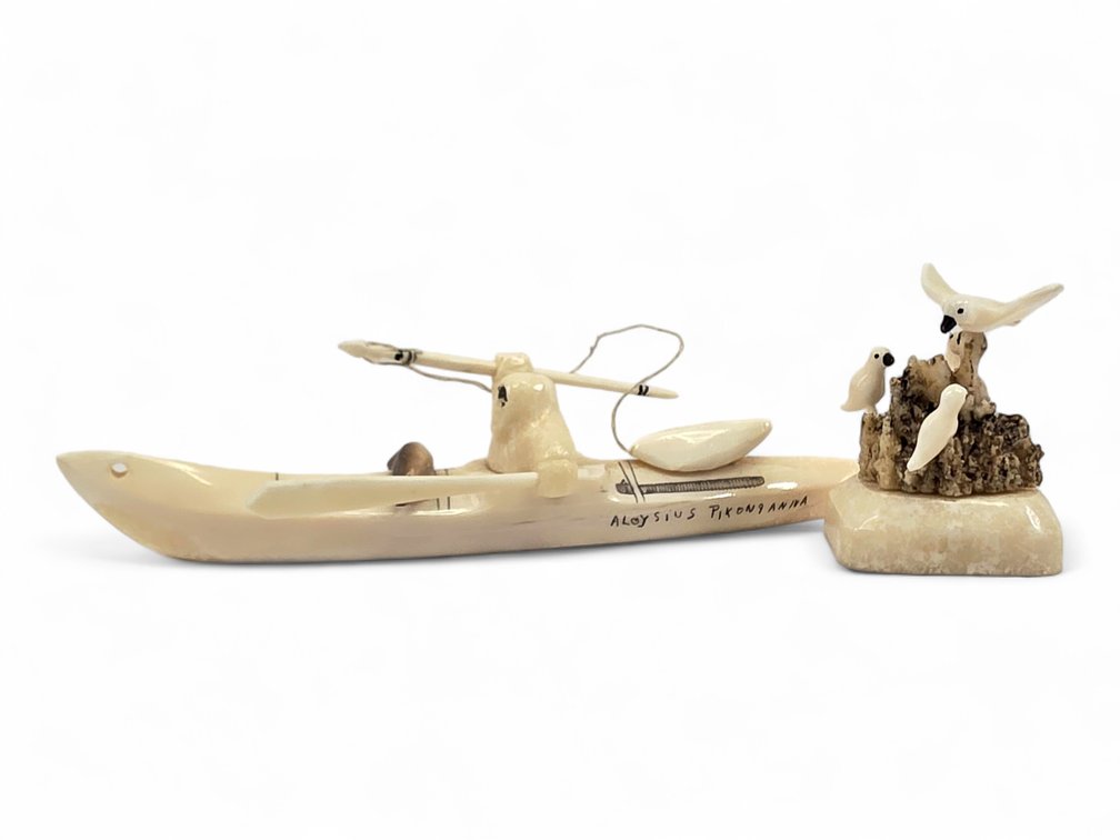 Aloysius Pikonganna Walrus Ivory Kayak Hunter & Seabird Cliff Diorama