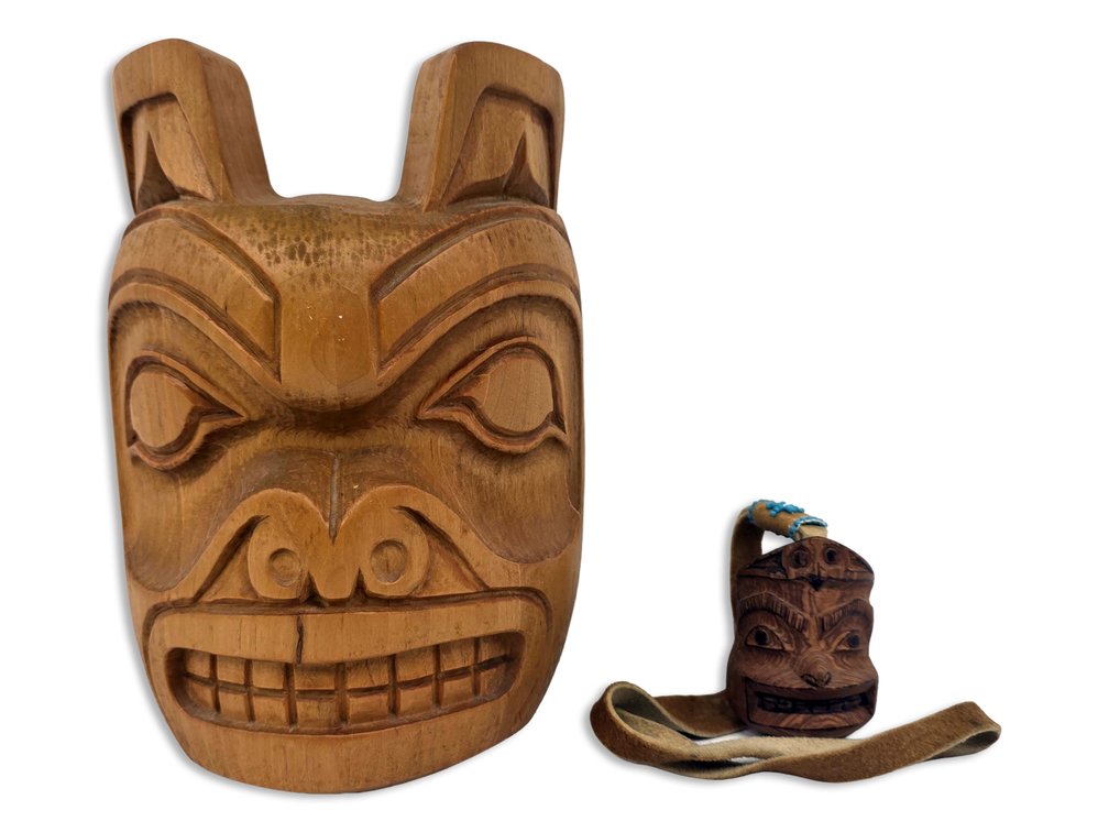 J. Michael Carved Wooden Wolf Mask & Klukshu Mask Pendant Necklace