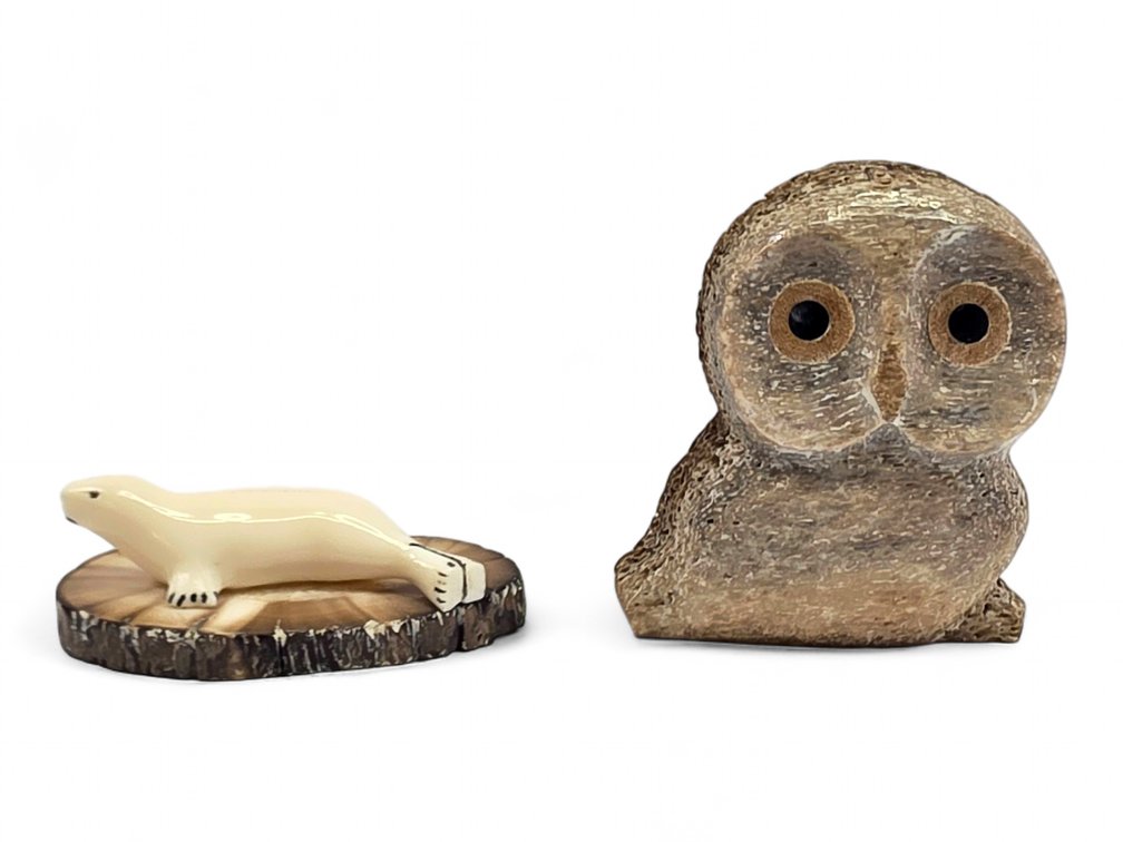Walrus Ivory Seal on Tusk-Slice Base & Whalebone Owl Carving