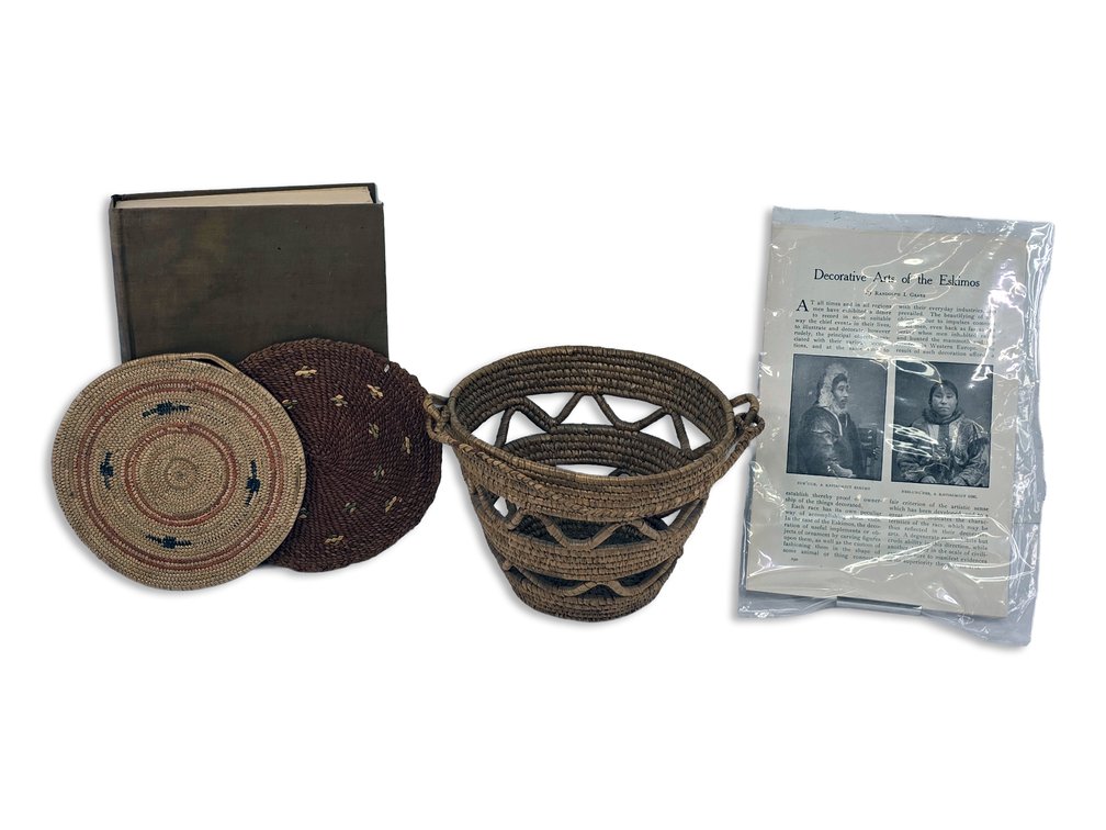 Alaska Coiled-Grass Basket & Mats with “Wilderness of Denali” & 1905 Eskimo Art Article