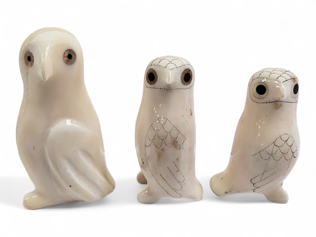 Three Walrus Ivory Owls with Scrimshaw Plumage & Inlaid Eyes