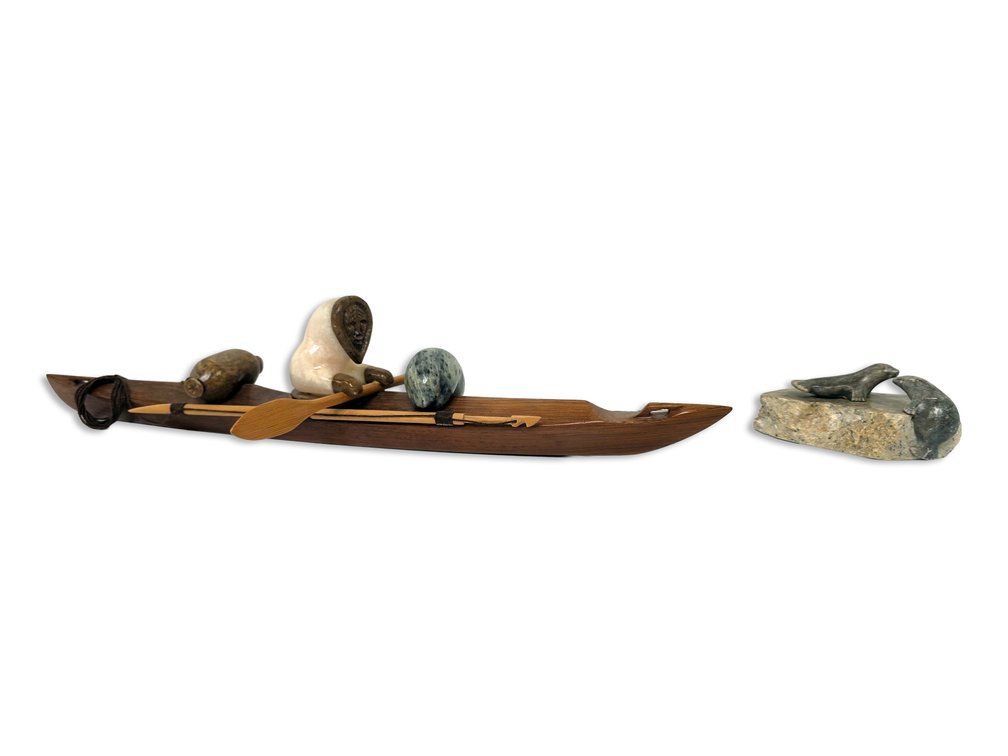 John Komakhuk “Spirit Hunter,” 1992, & Ben Saclamana Soapstone Seal Pair