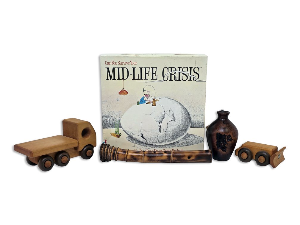 Wooden Toy Vehicles, Bamboo Flute, Burl Vase & “Mid-Life Crisis” Board Game