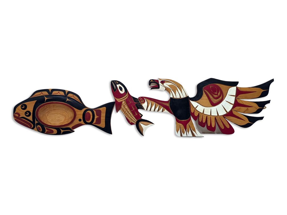 Stephen K. Hunt Halibut Bowl & Rudolph M. Charlie “Eagle & Salmon” Wall Carving