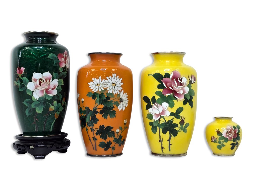 Japanese Floral Cloisonné Vases & Jar — Green Ginbari-Style Vase & Sato-Marked Vase