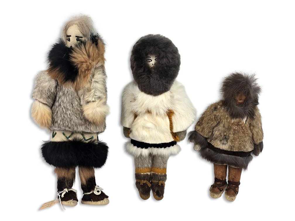 Three Alaska Native Fur Dolls with Caribou-Hide & Leather Faces