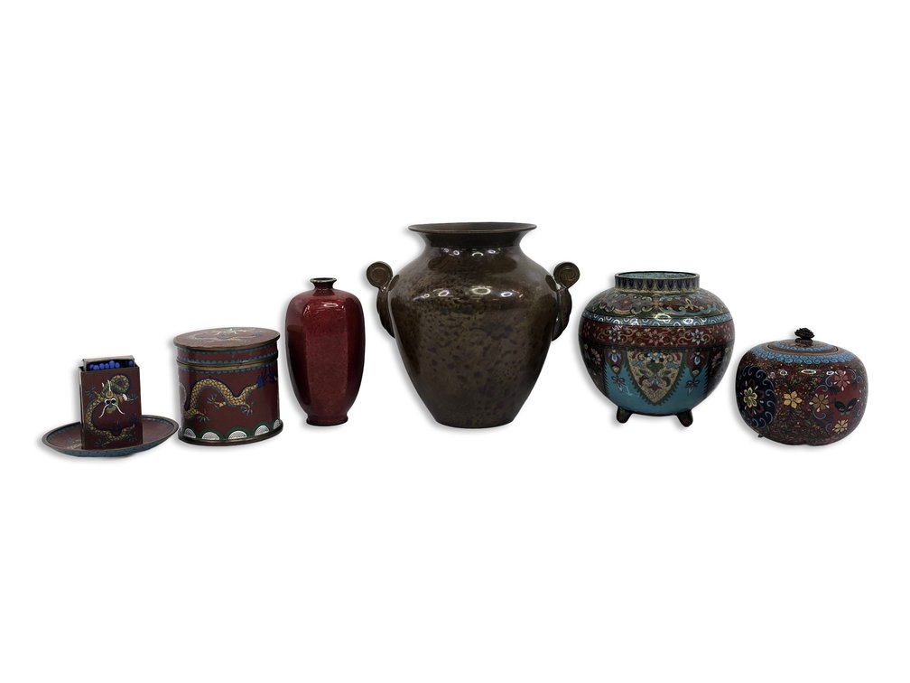 East Asian Cloisonné & Enamel Group — Footed Vessels, Dragon Dish & Matchbox Cover