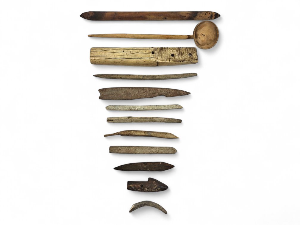 Group of Alaska Native Artifacts with Bone Items, Walrus Ivory Handle & Wooden Spoon