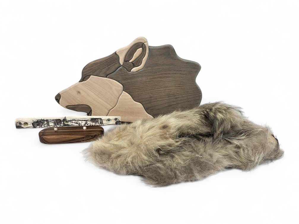 Homer Cole & Annette Mayac Scrimshaw, Wolf Fur Mittens & Wolf Plaque