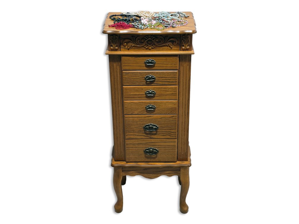 L. Powell Oak Jewelry Armoire with Mirror, Six Drawers & Costume Jewelry