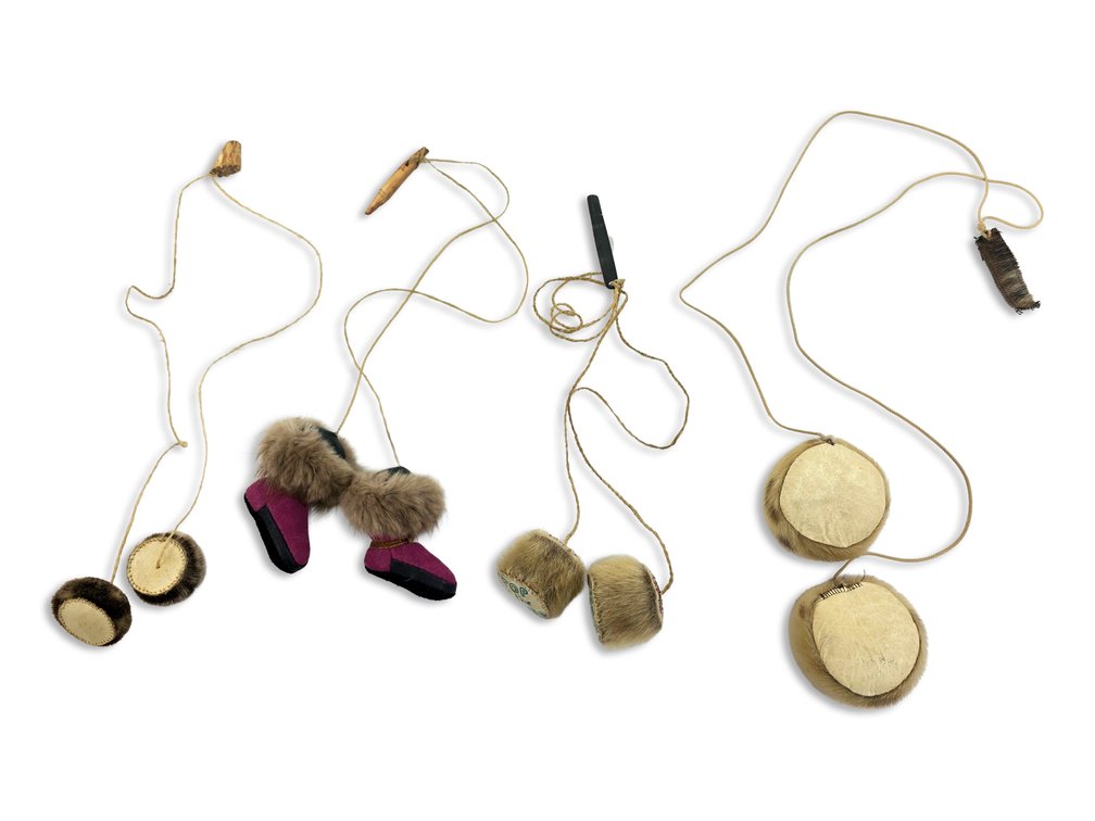 Four Alaska Native Yo-Yos: Sealskin, Leather, Fur & Miniature Mukluk Designs