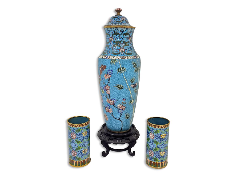 Chinese Pale Blue Cloisonné Covered Vase & Floral Vessels with Display Stand