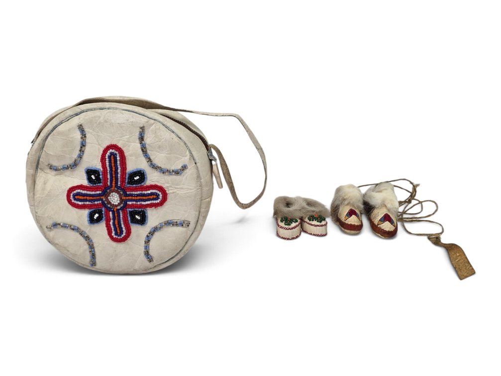 Floral-Beaded Sealskin Purse & Two Pairs of Miniature Moccasin Yo-Yos