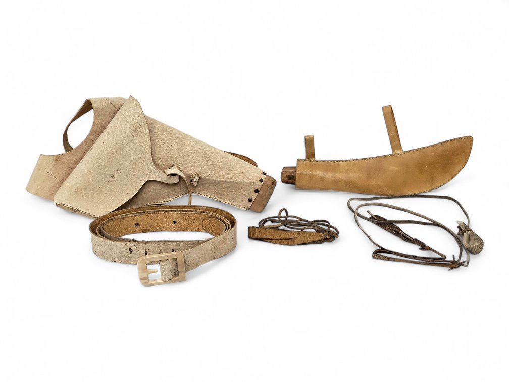 Leather Shoulder Holster, Ontario Knife & Sheath, Antler-Buckle Belt & Slings