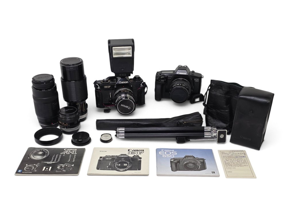 Canon EF & EOS 650 35mm SLR Cameras with Lenses, Flash, Tripod & Cases