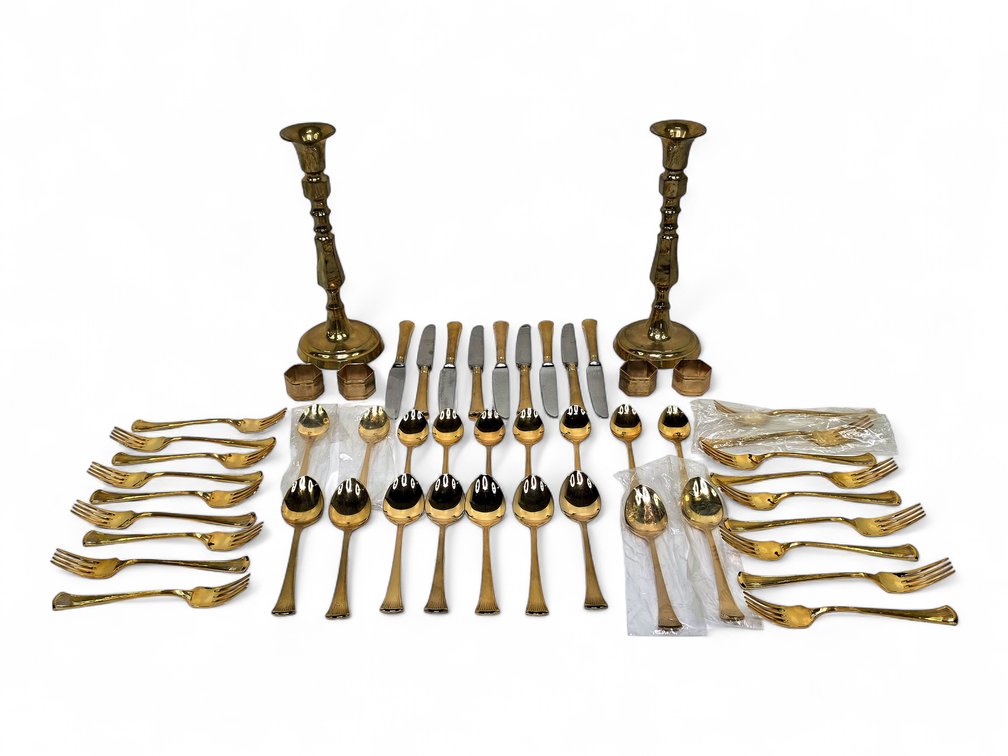 Gold-Toned Tableware: 45 Flatware Pieces, Napkin Rings & Tall Candlesticks