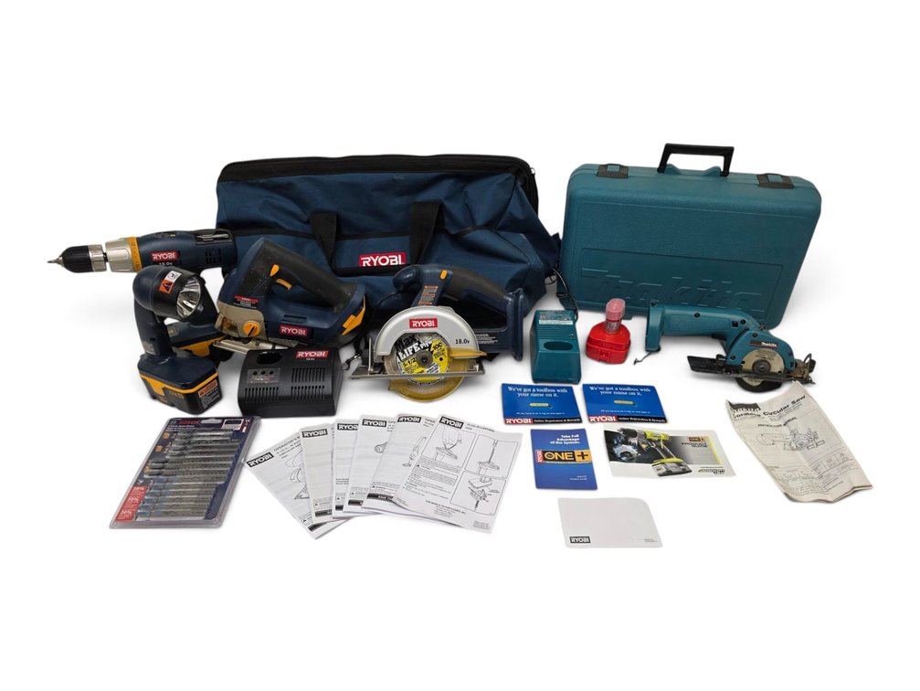 Ryobi & Makita Cordless Tools with Batteries, Chargers, Cases & Manuals