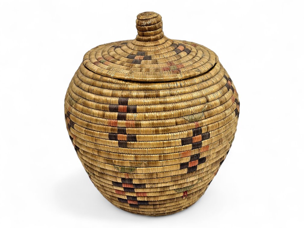 Large Yup’ik Coiled Grass Lidded Basket with Colorful Geometric Bands, 14 Inches