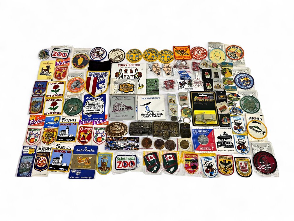 Souvenir Belt Buckles, Patches, Fur Rendezvous Medallions & Diecast Car