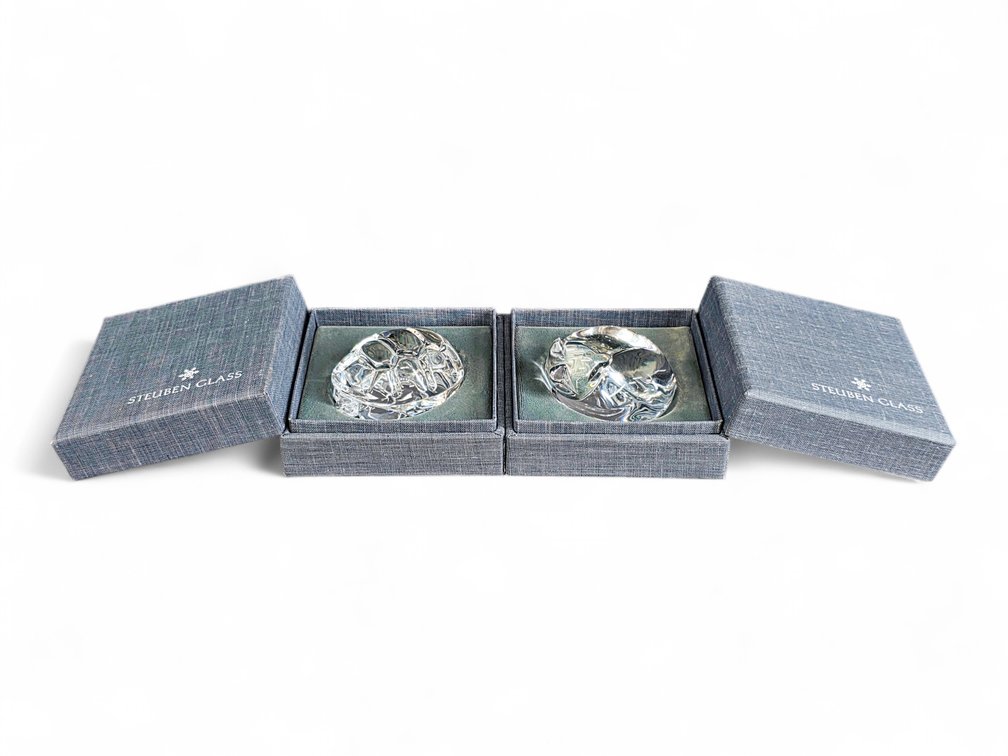 Steuben Clear Glass Turtle & Curled Cat Hand Coolers with Padded Boxes
