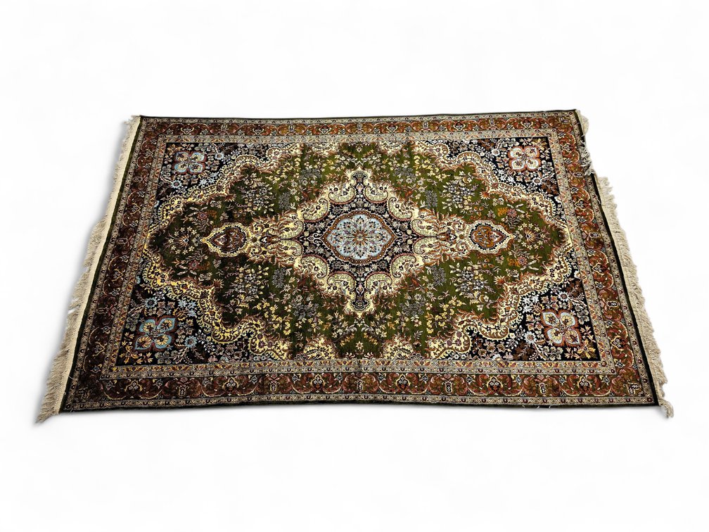 Turkish Persian-Style Silk & Cotton Medallion Rug, 71 x 115 Inches