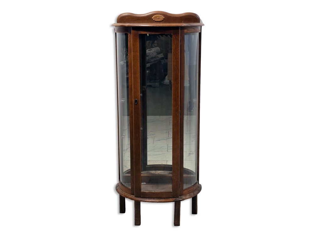 Lighted Half-Round Wood & Curved-Glass Curio Cabinet with Mirrored Back — No Shelves