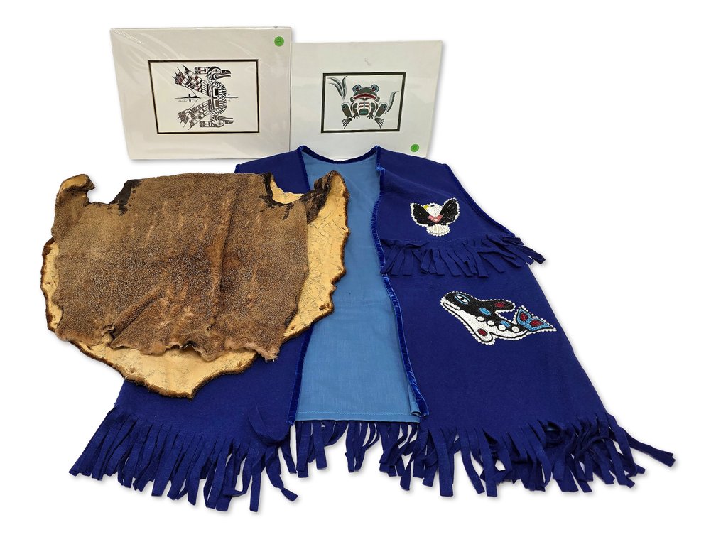 Beaded Blue Suede Vest, Fur Hide & Richard Hunt and Joe Peters Jr. Prints