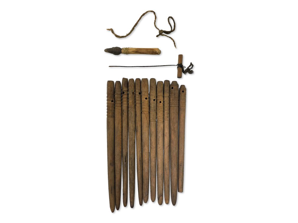 Northwest Coast Wooden Net-Weaving Bobbins with Stone-Bladed Tool & Cordage
