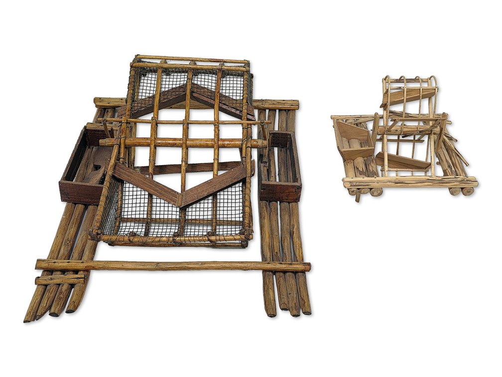Two Alaska Salmon Fish Wheel Models with Mesh Baskets & Collection Chutes