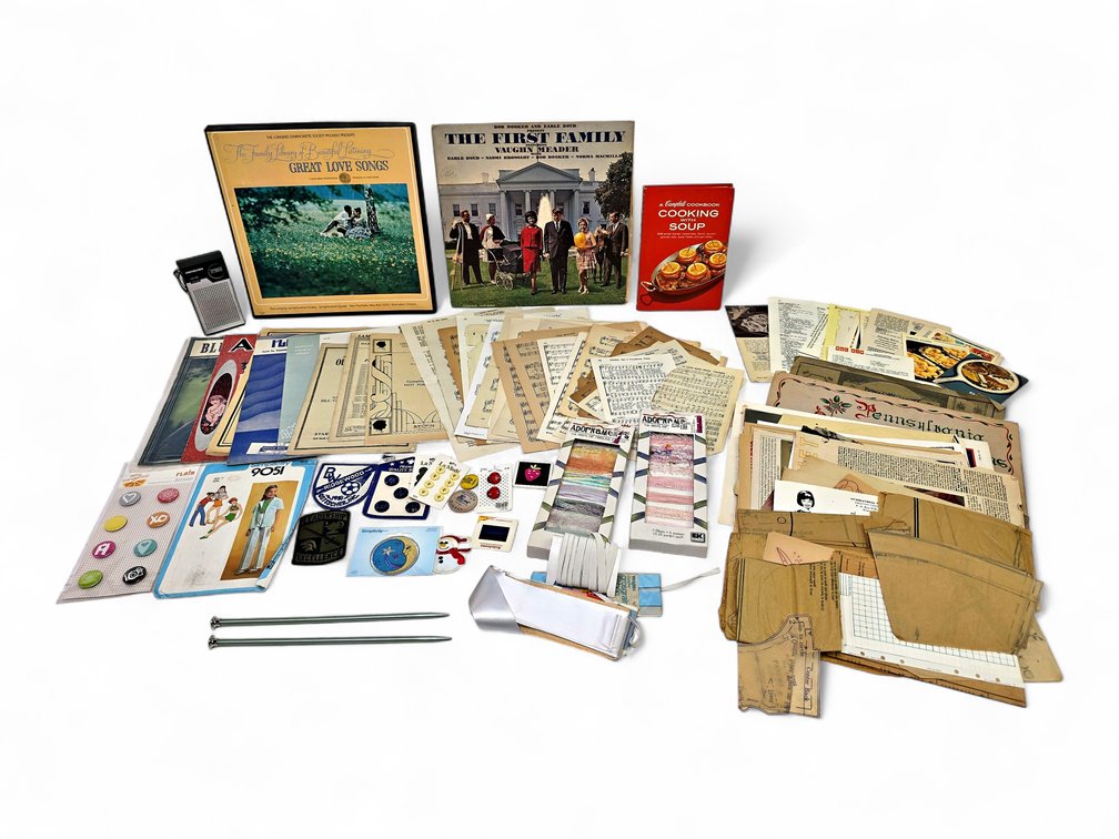 Ephemera, Sewing Supplies, Sheet Music, Records and Soundesign AM Radio