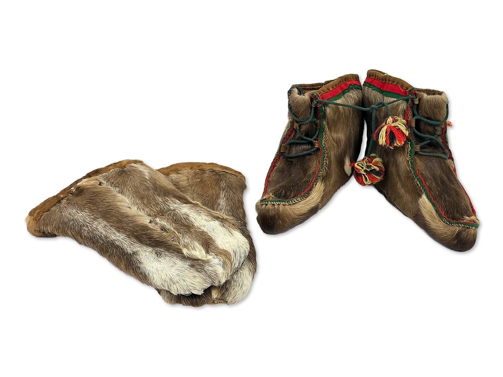 Caribou Fur Mittens with 1955 Hudson Bay Tag & Fur Moccasins