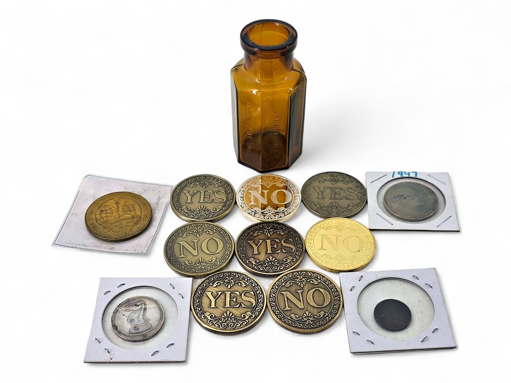 Amber Strychnine-Labeled Bottle, YES/NO Medallions & Coins and Tokens