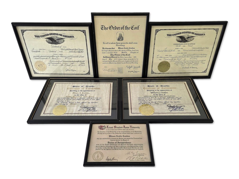 Wilson L. Condon, Alaska Attorney General - Six Framed Legal & Academic Certificates