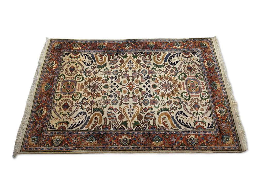 Wool & Cotton Persian-Style Floral Area Rug with Orange & Blue Borders, 78 x 118 Inches