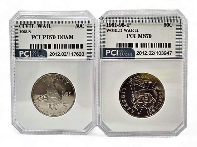 PCI PR70 1995-S Civil War Battlefield & PCI MS70 1991-1995-P WWII 50th Anniversary Half Dollars