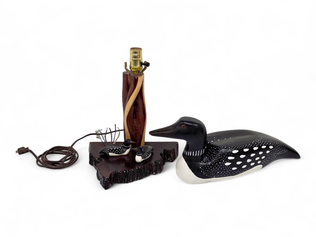 Ed Moe Carved Loon Decoy & Wooden Loon Table Lamp