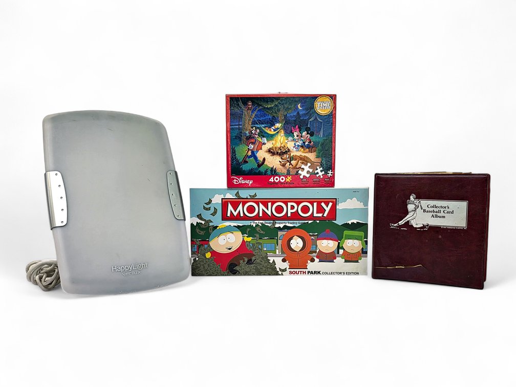 Verilux HappyLight, South Park Monopoly, Disney Puzzle & Sports Card Binder