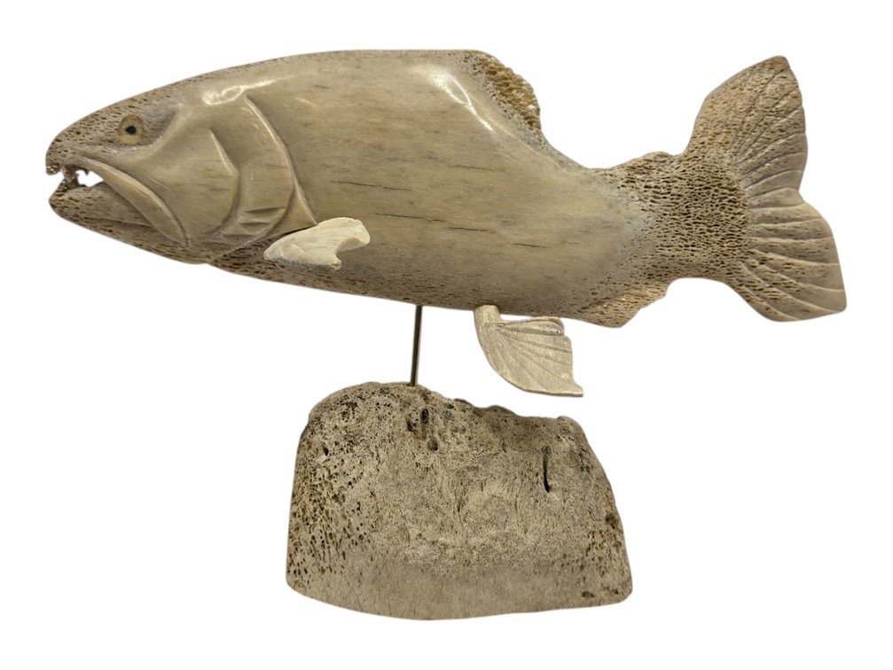 Michael E. Scott Carved Whalebone Salmon, Signed ‘Mike Scott 89’