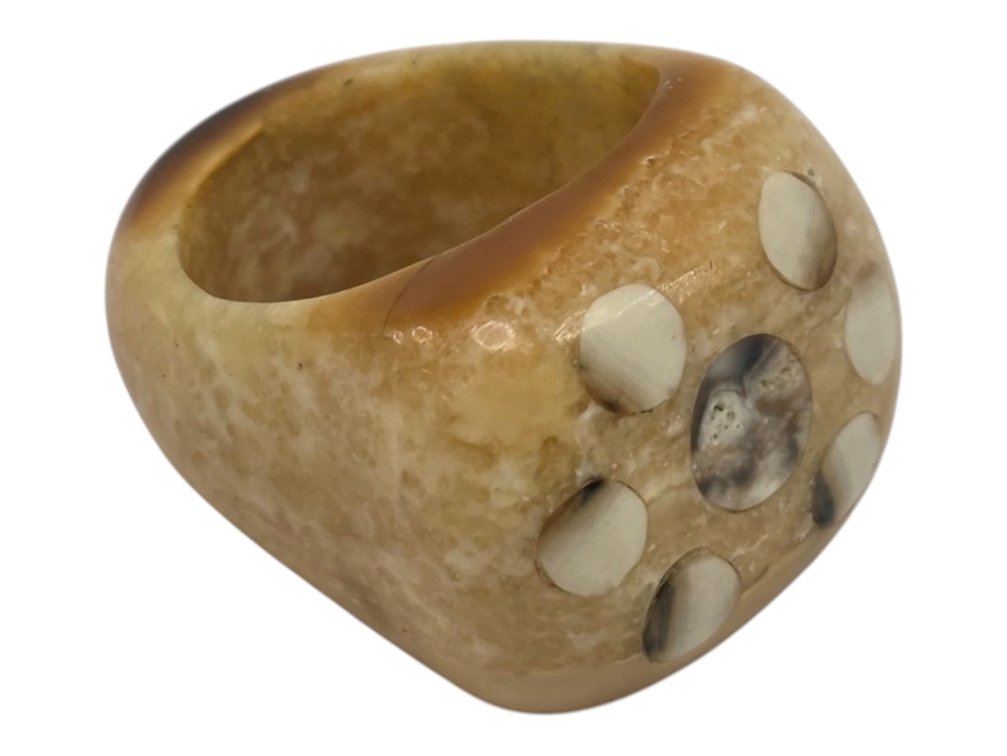 Mineralized Walrus Ivory Ring with Seven Inlays, Size 12.5