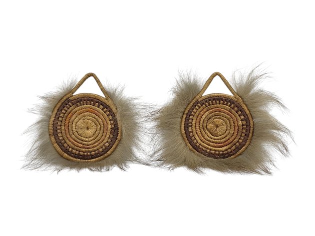 Pair of Yup’ik Coiled-Grass Dance Fans with Fur Borders