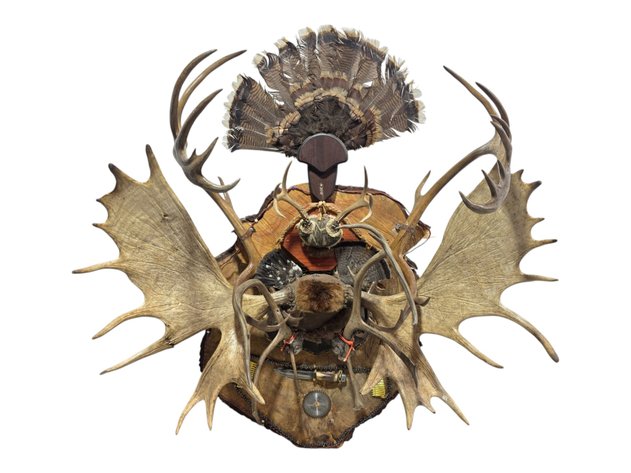 Large Antler & Turkey Feather Wall Assemblage with Saw Blade, Knife & Cartridge Accents