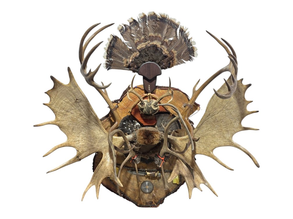 Large Antler & Turkey Feather Wall Assemblage with Saw Blade, Knife & Cartridge Accents